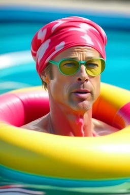 brad pitt sitting in donut swim ring with goggles and a bathing cap on