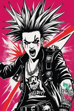 The punk is rebellious, bold, and exuding energy. The poster should capture the essence of punk culture, mixed with the power of the energy bar. Maybe the punk is portrayed with colorful hair spikes, ripped clothing, and piercings, standing defiantly with the energy bar in hand. The Anarchy logo should be prominent, symbolizing the rebellious spirit of the punk scene.