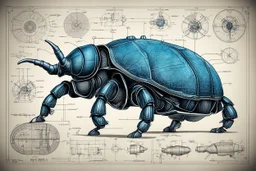 Hand drawn illustration , with detailed blueprints and engineering schematics of dark mechanical Rhinoceros beetle, with highly detailed facial features, detailed drawings, and technical notation, 8k