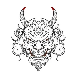 White, minimalis line art , oni mask japanes funny , vector, white background, outline, with images neatly contained within the background, just black and white color, tatto style.