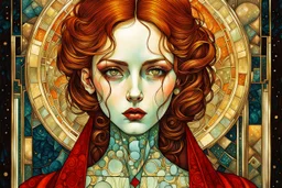 create an abstract, cubist, highly ethereal, darkly magical full body illustration of a deeply sorrowful vampire girl with highly detailed and deeply cut facial features, in the style of GUSTAV KLIMT, EDWARD BURNE-JONES, WILLIAM MORRIS, and KATHE KOLLWITZ combined with the comic art style of BILL SIENKIEWICZ and JEAN GIRAUD MOEBIUS, searing lines and forceful strokes, precisely drawn, inked, and darkly colored