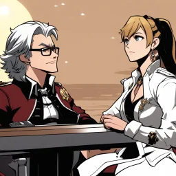 [illustration for wii No More Heroes style with thick lines] west world iconic face to face interview scene Dolores sits in front of Bernard Lowe