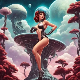 slim Sci-fi pin-up girl on an alien planet of cloud trees