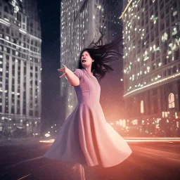 scared woman wearing a dress flying in the air outside a building, downtown snowy new york at night, dramatic, dramatic lighting, volumetric lighting, hyperrealism, 8k, high quality, photorealistic, lot of details