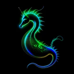 a fantastic and wonderful Bioluminescent Hippocampe from the abyss on a plain black background