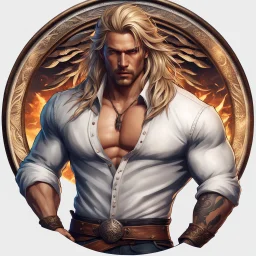 handsome warrior king, muscular, long blonde hair, male age 30, wearing jeans and a white buttonup shirt, tan skin, tattoos,photorealistic 4k dark fantasy