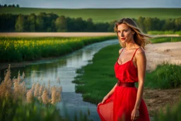 shot from front ,green field and wild flower field ,(A German beauty , with a melon seed face and wearing a red camisole skirt. She has a slender figure, beautiful makeup,very nice eyes looking around and elegant temperament walking and whisppering a song with emotions in water toward camera in trees next to wavy river with clear water and nice sands in floor.camera capture from her full body front, spring blosom walking to camera ,wild flowers moving in the wind ,blue sky,moving pretty clouds ,