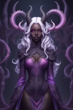 absurdres, ((high-resolution)), ultra detailed, vivid colors, abyssal goddess, dark skin, horns, white hair, ((medium hair:1.2)), (sidelocks:1.3), purple eyes, disheveled hair, long sleeves, fril gothic dress, purple and pink outfit, abyssal, darkness, tentacles, fractal, psychedelic, Whimsical