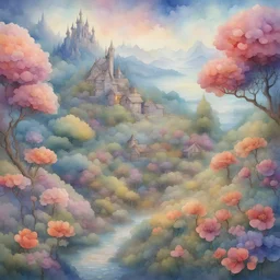 Watercolor patchwork landscape, watercolor, wet on wet, petals rain, style of Daniel Merriam, Josephine Wall, Catherine Able Modifiers: 4K 3D 高细节 清脆的品质 丰富多彩 美丽 电影照明 拉尔夫·麦夸里