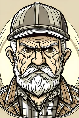 old man, face and shoulders, angry look, beard, gray hair, checkered eight-piece cap, checkered jacket, drawing, cartoon style