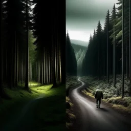 left side of the picture shows a dark metropole, right sight of the picture showsa beautiful forest, in the middle there's a road leading from the city to the forest, a lonely figure walking on it