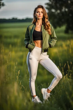 fullbody shot of young-beautiful-girl-with-a-perfect-face wearing sport pants and thight blouse and jacket shoes standing in country side green field day lights