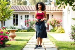 very beautiful lady with beautiful midi dark black-red skirt and top with curvy hair sports shoes standing in a nice villa yard with trees flowers ,16 by 9