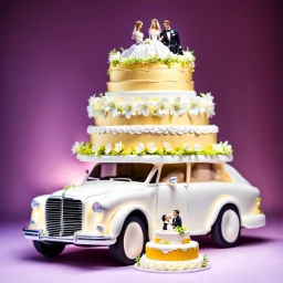 a big wedding cake with a toy Luxury car without roof over it and a small bride groom sitting in car