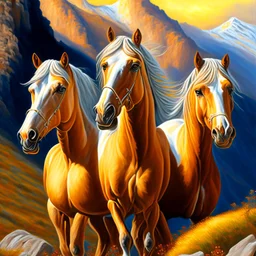 Oil painting of three horses Palomino on the mountain full body vectorized hyperdetailed 4k