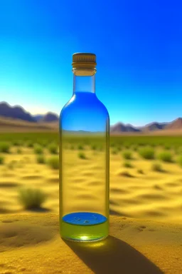 Imagen de la pomoción de una botella de Agua que se llame "Agua de la tinaja", con fondo desertico y un oasis