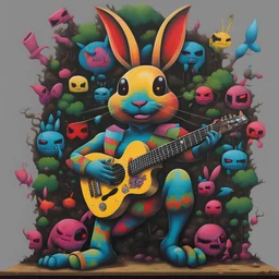 Street art, acrylic mural by Invader and Jeff Soto, sinister gritty rabbit cyborgs playing guitar , masterpiece, colorful, maximalism