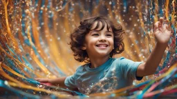 Magical Fantastic young happy child facing camera, Liquid Structure, Flying ribbons, Splash, Portrait Photography, Fantasy Background, Intricate Patterns, Ultra Detailed, Luminous, Radiance, Joy, Exuberance, Fun, energy, excitement, Ultra Realism, Complex Details, Intricate Details, 16k, HDR, High Quality, Trending On Artstation, Sharp Focus, Studio Photo, Intricate Details, Highly Detailed