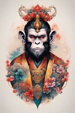 Create a captivating modern 2d Colorfull ink tattoo design for print , prestigious Divine Monkey King using the elegant influences of japan art style, for print, dynamic elements from fashion and design, and bold Japanese contemporary art aesthetics, framing centered in the center, distanced from the edges of the paper perimeter, perfect anatomy, bauhaus