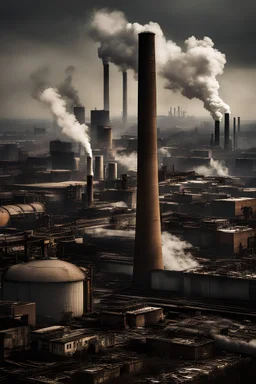 A bleak industrial cityscape, with factories spewing smoke and pollution into the air, towering smokestacks, and a grim atmosphere of environmental decay and neglect.