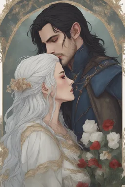 A couple from the dnd game curse of Strahd kissing. She has white hair he has long black hair. Romantic, sweet, loving, possessive, protective, kiss