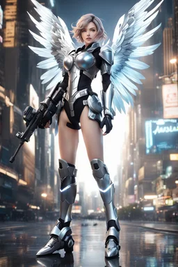 Front view excited realistic HD photograph,angel mechines,realistic photo beautiful anime digital human anime woman,full body,mechanical armor silver chromecast shine.style: details digitalphoto