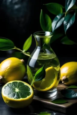 Potion with water, green leaves, lemon slice and ginger