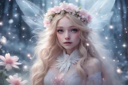 jolie fée des neige, visage doux, long cheveux blonds, couronne de fleurs blanches et roses et de cristaux, ailes transparentes, douceur, gentillesse, lucioles et étincelles de lumière, 4k, ambiance féerique, douceur