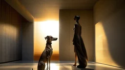 In the high-ceilinged room with polished cement walls, a short-haired woman and a long-legged greyhound shared the same silence, both motionless in front of an abstract sculpture that reflected the light of the sunset.