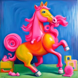 Big pink plastic toy horse.19th painting