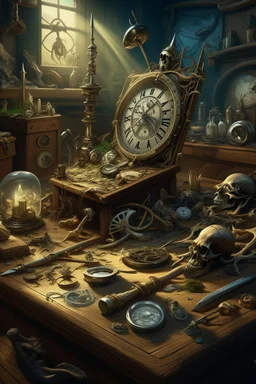 Bosch nightmares painting style Title: treasure ,knives’ ,clarinet, spiders , an old clock, pirate’s guns, human bones, "snakes, intricate insanely , scorpions ,detailed octane render trending on artstation, 8k artistic photography, photorealistic concept art, soft natural volumetric cinematic perfect light, chiaroscuro, award-winning photograph, masterpiece, oil on canvas, Raphael, Caravaggio, Greg Rutkowski, people, beksinski, Giger