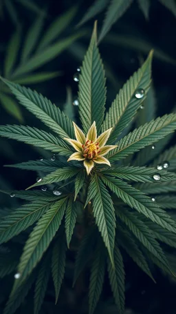create a plant Marijuana and focus on a group of leaves, and big flower in the middle, they have some water drops but no too exagerated, make the photo nearer and the water frops bigger, the background is like in a jungle