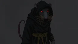 the rat man, ou’re looking at someone who doesn’t just walk into shadows—they belong to them. The black robes cling like a second skin, the belt tied tight with gold thread that catches the light only when he moves. His face is wrapped, but not hidden—his eyes glow like embers, red and steady, as if he’s already seen what waits inside the cave. The tail curls behind him, not in fear, but in readiness. He doesn’t need a torch, because the darkness answers him.
