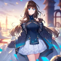 Clear focus, High resolution, Long fluffy brown hair, blue eyes, wearing a white skirt and a black turtle neck, detailed outfit, wearing a jacket oversized off shoulder