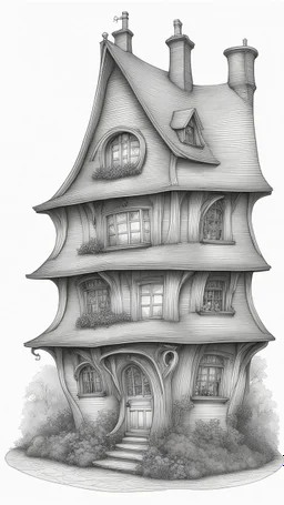 A highly detailed front elevation line drawing of a crooked fantasy house, with a twisted tall chimney, rooms and floors added to the sides and roofs, like Harry Potter's the Burrow.