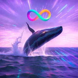 infinity symbol ∞ with vibrant powerful whale jumping out of the sea, striking, neon, chiaroscuro, dramatic, captivating, powerful, fantasy, beautiful, octane render, 16k post-production, artstation: award-winning: atmospheric: commanding: fantastical: clarity: ultra quality: striking: brilliance: stunning colors: amazing depth; lens: f/11, 35mm