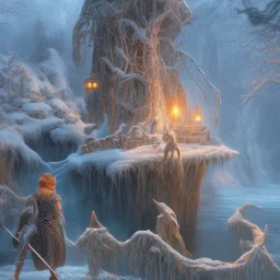 fantasy art of big wolf and wizard walking on very tight rope bridge over icy water