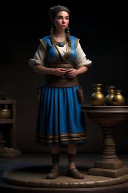 tabletop role-playing miniature of a haley-atwell-selena-gomes-hybrid peasant wearing ancient minoan clothes in the style of vermeer. full body. concept art hyperrealism