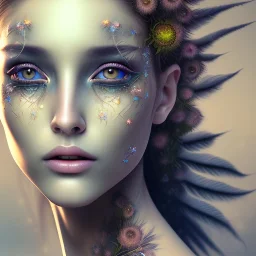 Portrait of beautiful girl, face dept of field,face shining, plant, metal, feathers, Dryad, fae, sidhe, ominous, nature, plants, wildflower sparkle,wildflower 3d view, facepaint, dnd character portrait, intricate, oil on canvas, masterpiece, expert, insanely detailed, 4k resolution, retroanime style, cute big circular reflective eyes, cinematic smooth, intricate detail , soft smooth lighting, soft pastel colors, painted Renaissance style,sharp fucus, bokeh,macro lens, 1500mm lens