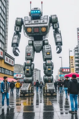 little people looking at huge dancin giant robot of vitalik buterin at tokyo shibuya crossroads in the rain