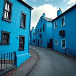 Fotografia di strada assurda e falsa orripilante blu weirdcore dai colori vivaci. Noe. Non luogo falso, inusuale. Max Ernst. Le case sono false e dipinte di nero chiaro con cose stilizzate e dettagli. Ci sono finestrelle false quadrate, che danno un senso distopico e molto surreale, disposte in modo casuale. L'atmosfera generale sembra noiosa e onirica, con un contrasto tra elementi reali ed elementi dipinti falsi, René Magritte, oddest things