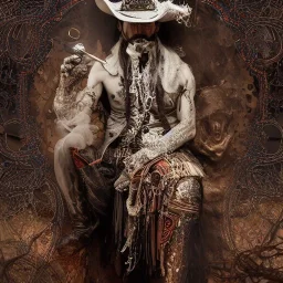 Insanely detailed photograph of an “portrait of a midevil cowboy god ” with intricate Sombrero, intricate embroidered charo, beautiful clear face and hyperdetailed painting by Ismail Inceoglu Huang Guangjian and Dan Witz CGSociety ZBrush Central fantasy art album cover art,8K, hdr, romantic, mysterious, ominous, cigar smoke, jewelry, comfort, natural eyes,naked,tasteful