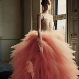 dress made out of feathers and tulle, stunning colors, beautiful lighting, delicate composition, aesthetic, ballerina, ballgown