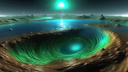 llanura magnética con torrente y relieve alienígena en un ambiente radiactivo y luz de supernova