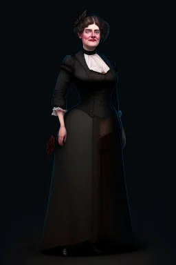 warm but stern aunty victorian era, posh british accent influenced, high born facial features dnd character on a solid black background, full body image, high quality realistic.