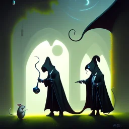 The Grim Reaper, a plague doctor and a mouse, considering the future of the universe, art by RHADS trending on artstation