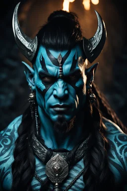 portrait of an orc king with pale blue skin. Tribal Tattoo. Dark braided hair and ice blue eyes. He's smirking. Half of his head is shaved. wearing jewellery. Carrying a battleaxe. High resolution. 4K. 8K. Dark Fantasy style. Cave in the background