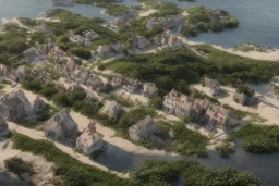 a modern village on a small island on the coast of France. The village is beeing flooded slowly by the sea rising. Some house are abandoned but most people stayed in the village.