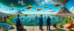 Mr Salvador Dali and Mr Hieronymus Bosch talking to each other at an outdoor surrealist market. A herd of dream-like sky-fish swim high in the far distance, with a beautiful surreal outdoor countryside summer scene with hills, waterfalls, and an intricate fractal sky, very high detail, photorealistic, epic cinematic, 8K, Large depth of field