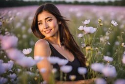 Young woman in flower field in the evening